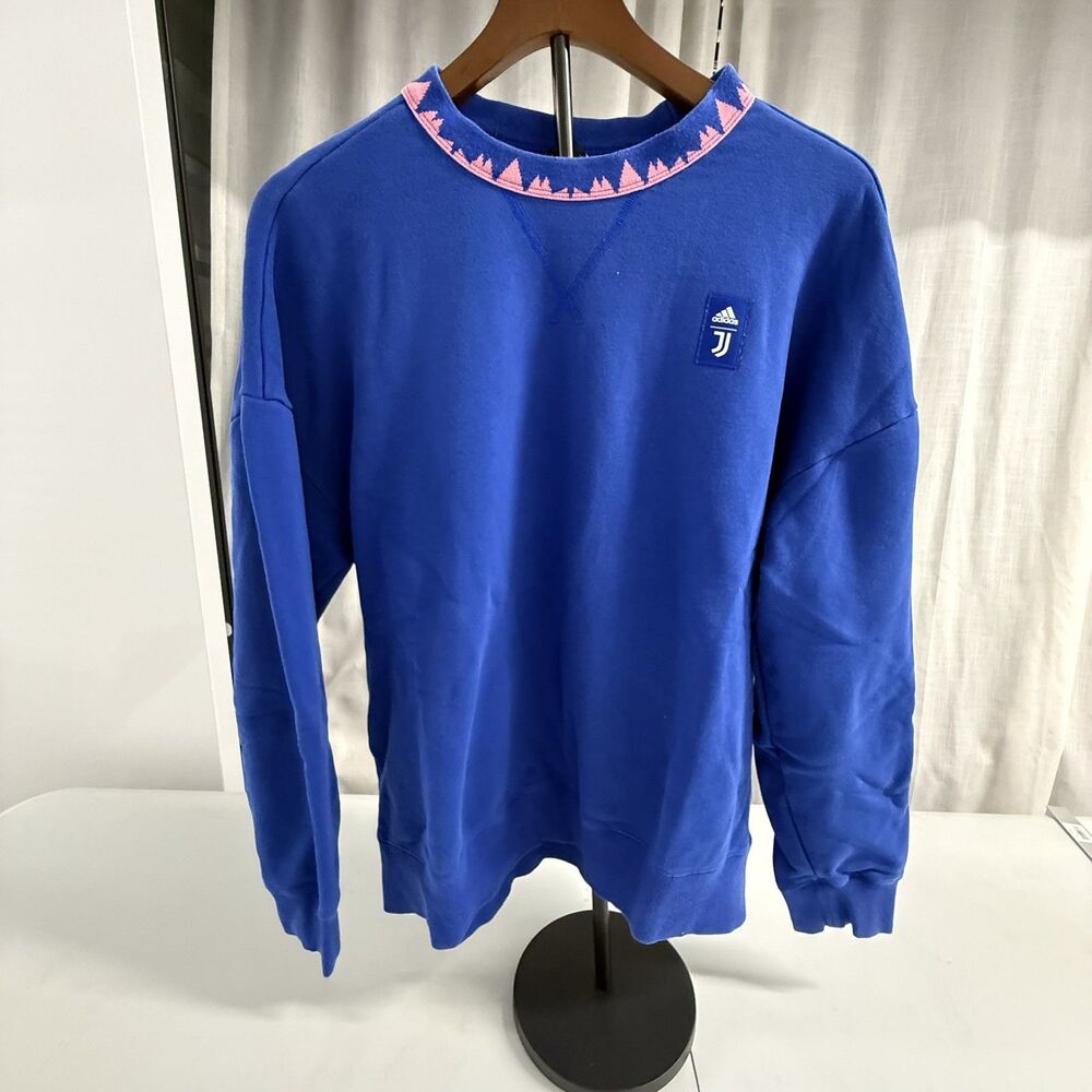 Adidas Juventus Lifestyler Crew Sweatshirt Blue Pink Distressed Collar Size L